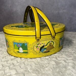 Vintage Old Yellow Painted Tin Box Basket Handles Scenes Assorted Thread Sewing